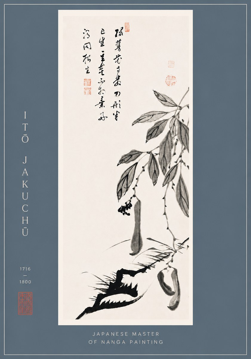 Itō Jakuchū Branch with Pods and Calligraphy No6 - Affiche