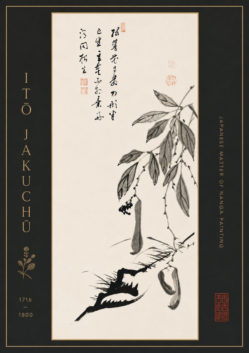 Itō Jakuchū Branch with Pods and Calligraphy No7 - Affiche