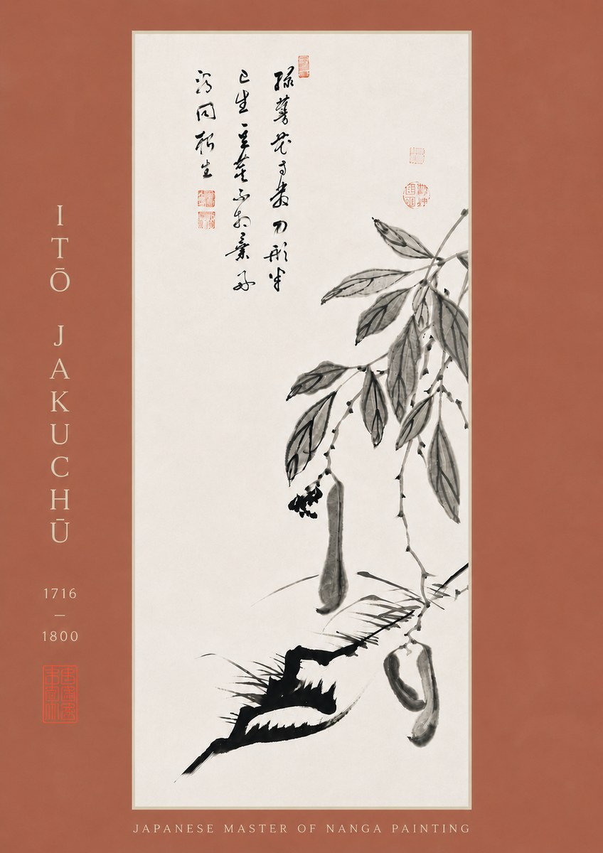 Itō Jakuchū Branch with Pods and Calligraphy No8 - Affiche