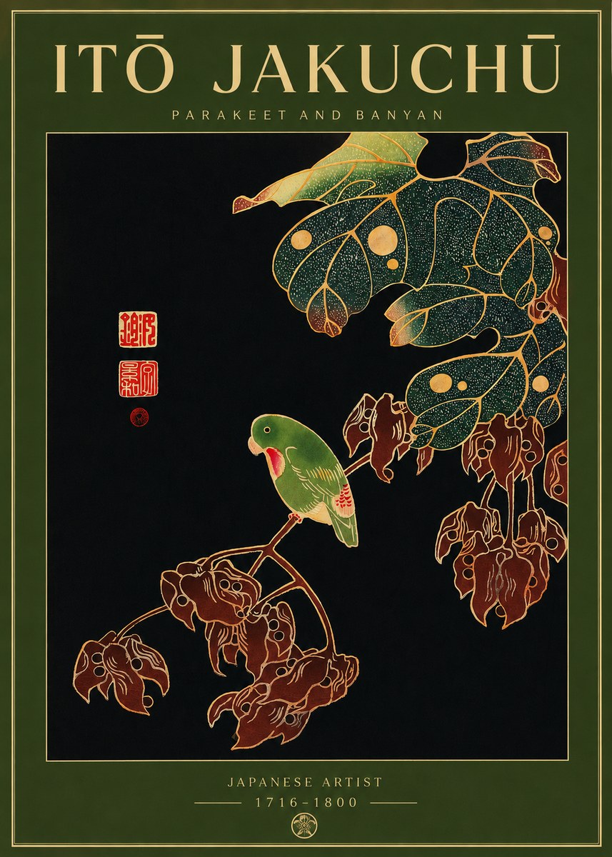 Itō Jakuchū Parakeet and Banyan No2 - Affiche