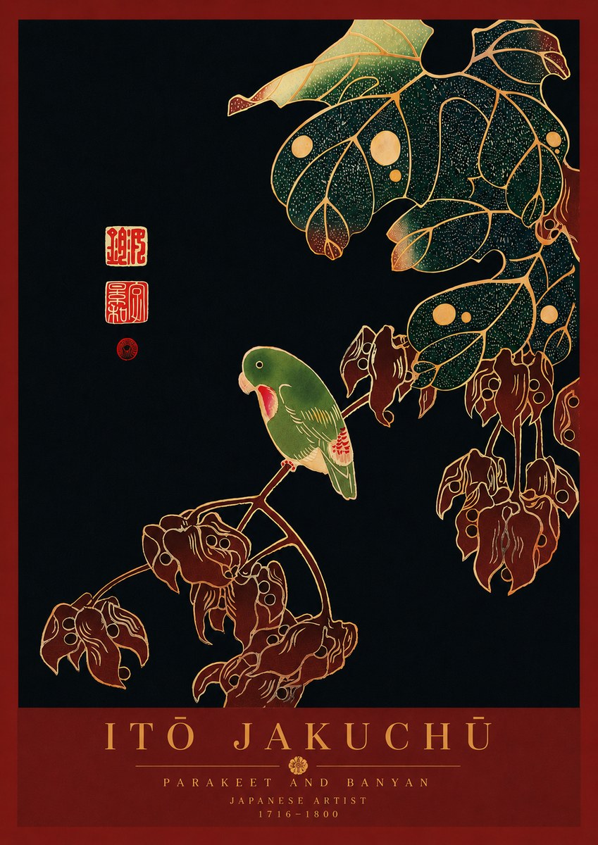 Itō Jakuchū Parakeet and Banyan No8 - Affiche