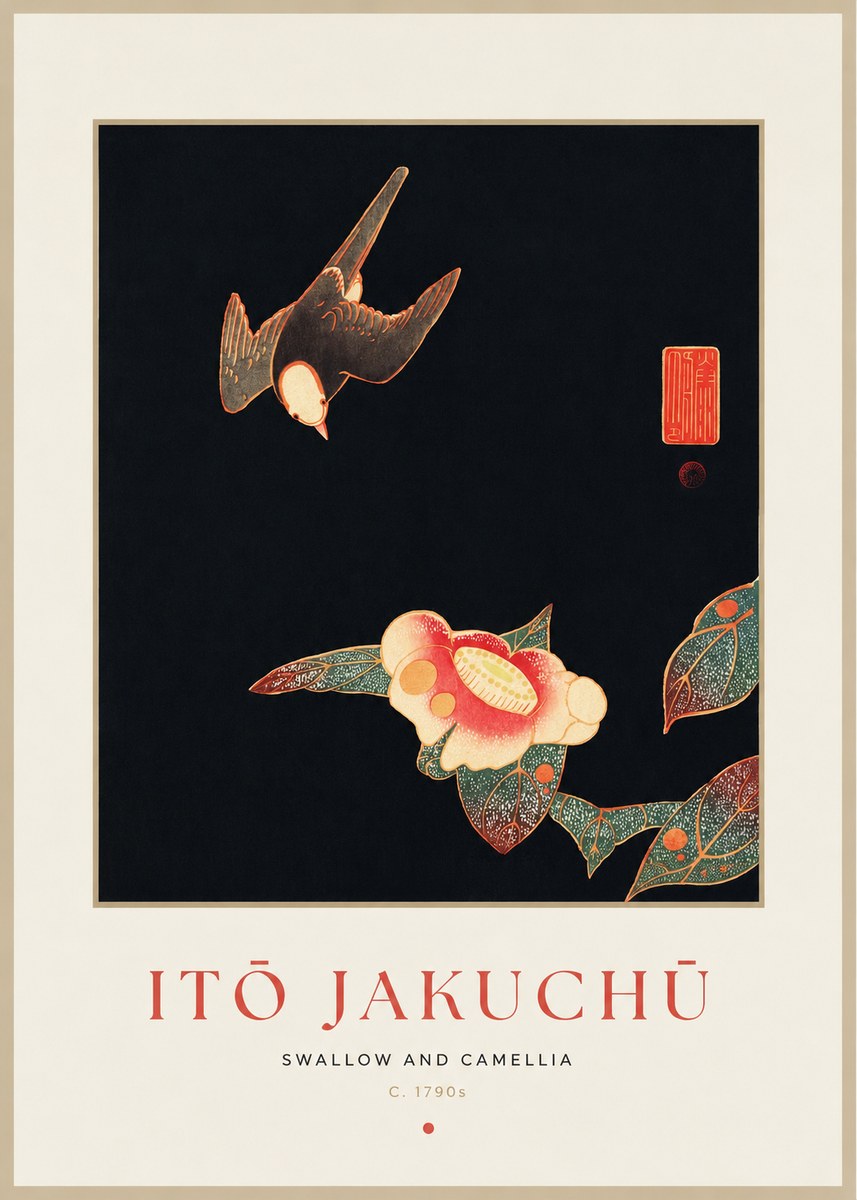 Itō Jakuchū Swallow and Camellia No1 - Affiche