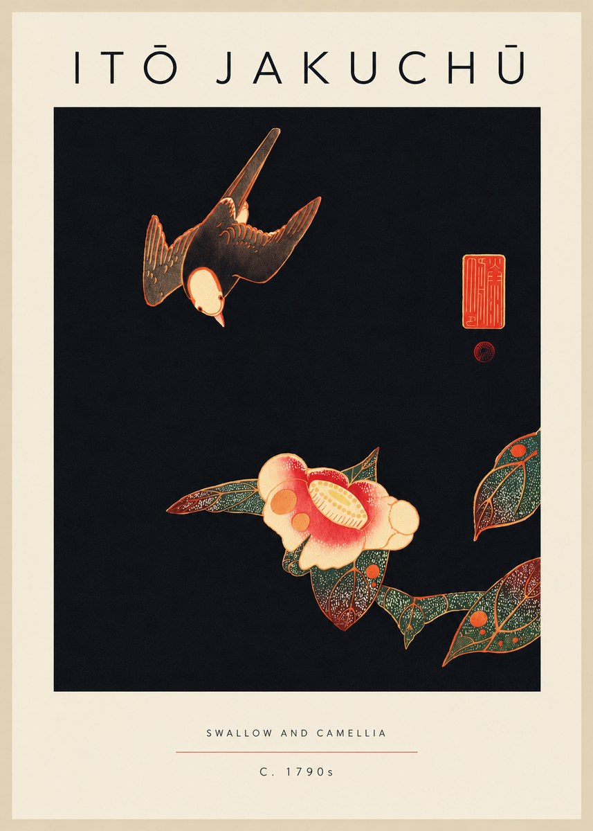 Itō Jakuchū Swallow and Camellia No5 - Affiche