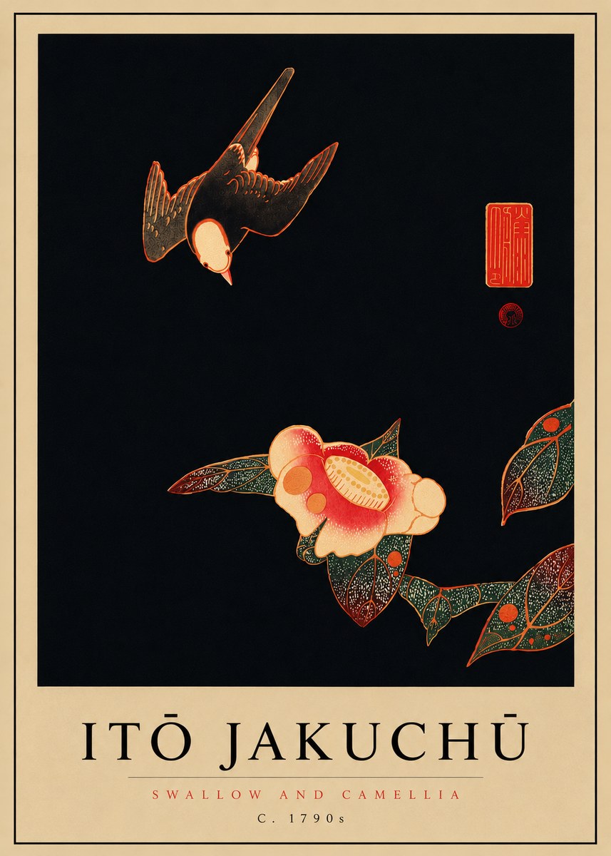 Itō Jakuchū Swallow and Camellia No8 - Affiche