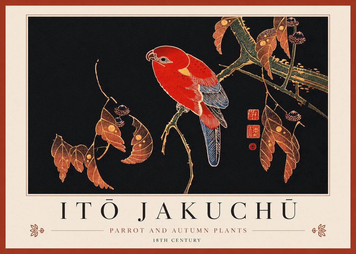 Itō Jakuchū Parrot and Autumn Plants No3 - Affiche