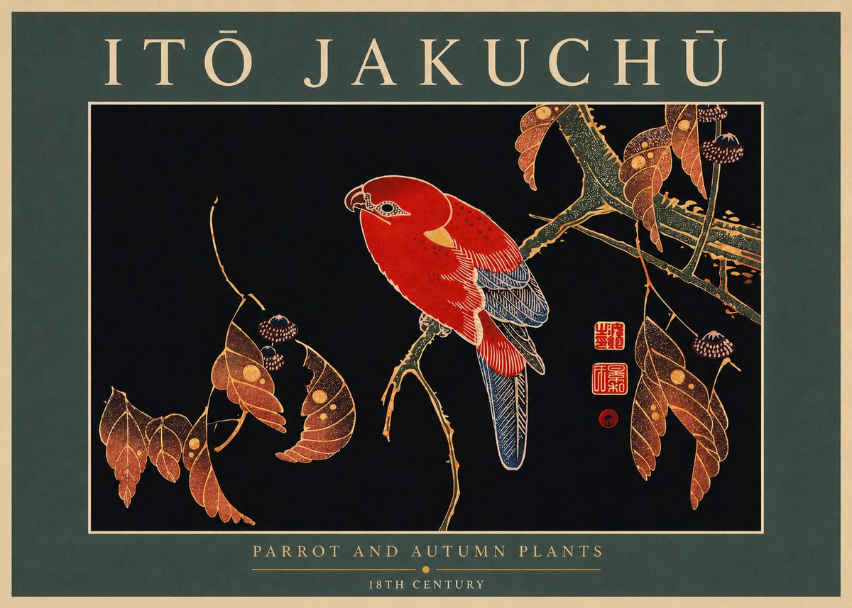Itō Jakuchū Parrot and Autumn Plants No5 - Affiche