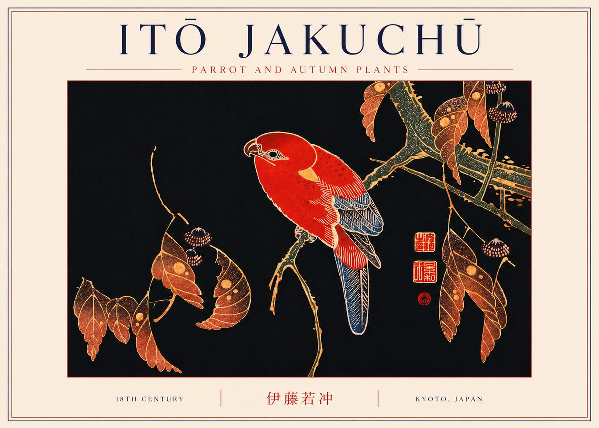 Itō Jakuchū Parrot and Autumn Plants No6 - Affiche