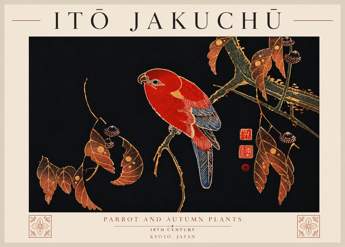 Itō Jakuchū Parrot and Autumn Plants No7 - Affiche