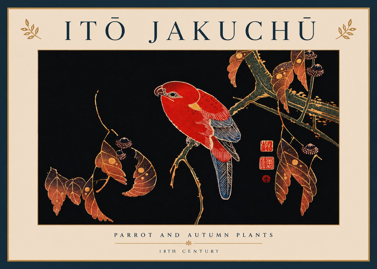 Itō Jakuchū Parrot and Autumn Plants No8 - Affiche