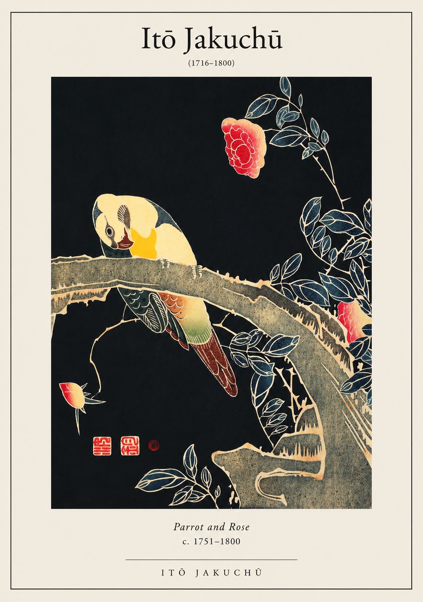 Itō Jakuchū Parrot and Rose No1 - Affiche