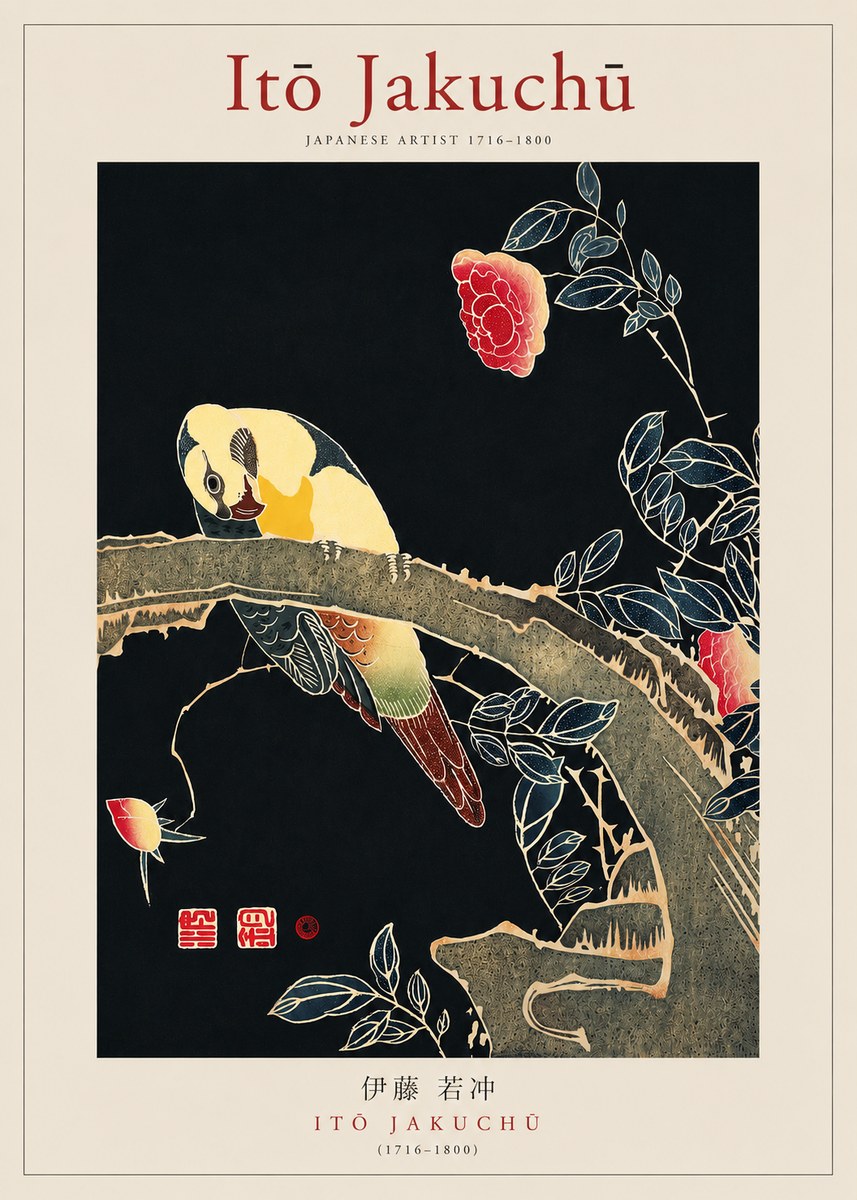 Itō Jakuchū Parrot and Rose No3 - Affiche