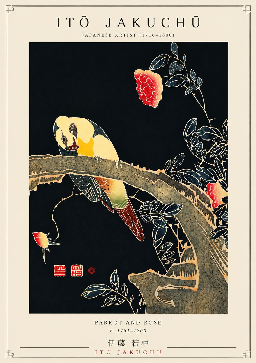 Itō Jakuchū Parrot and Rose No5 - Affiche