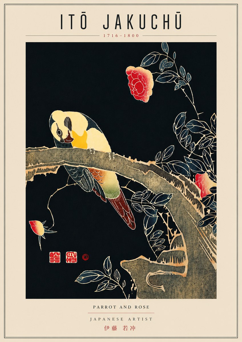 Itō Jakuchū Parrot and Rose No6 - Affiche