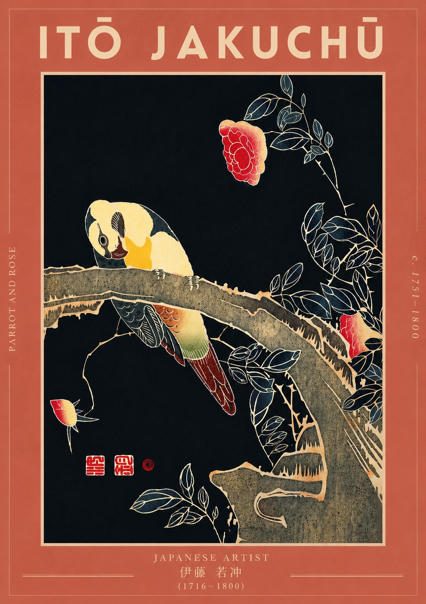 Itō Jakuchū Parrot and Rose No7 - Affiche