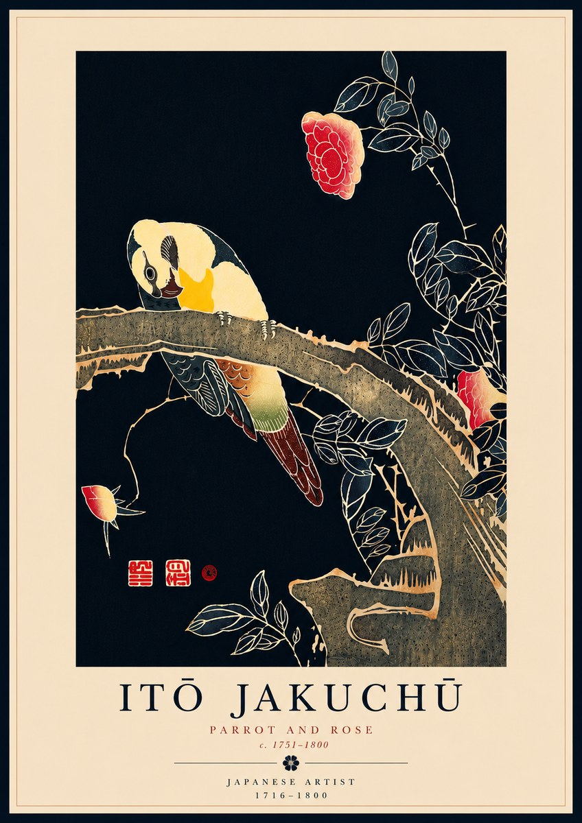 Itō Jakuchū Parrot and Rose No8 - Affiche