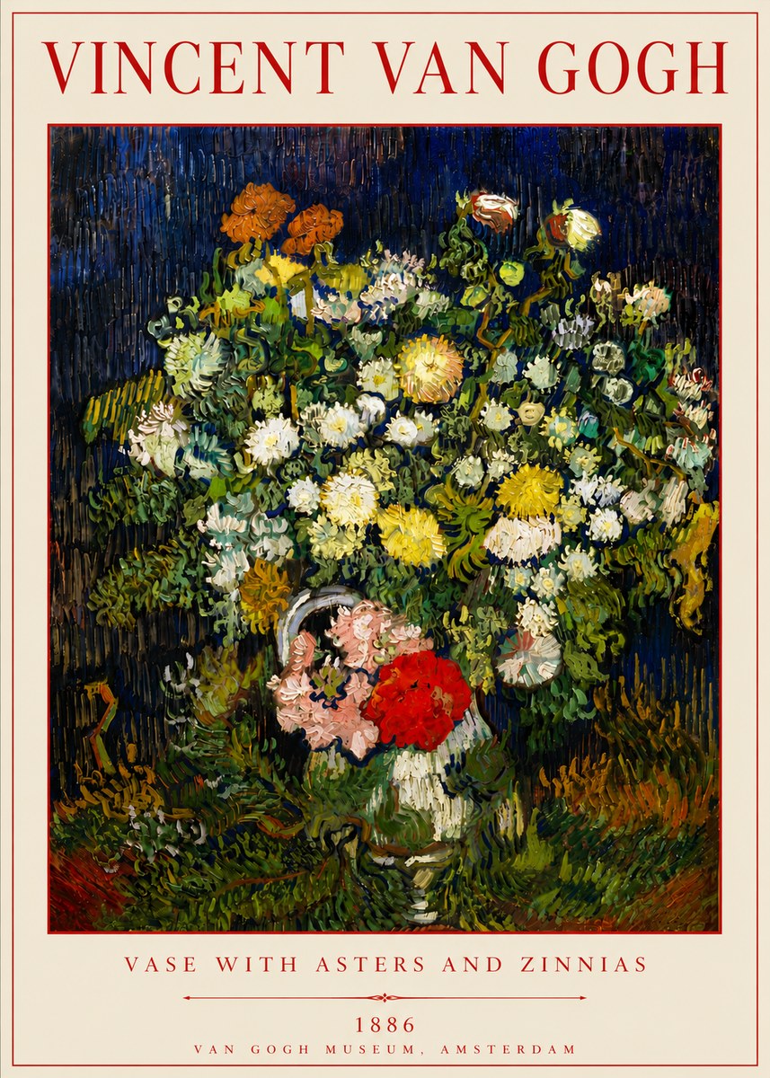 Van Gogh Vase with Asters and Zinnias No6 - Affiche