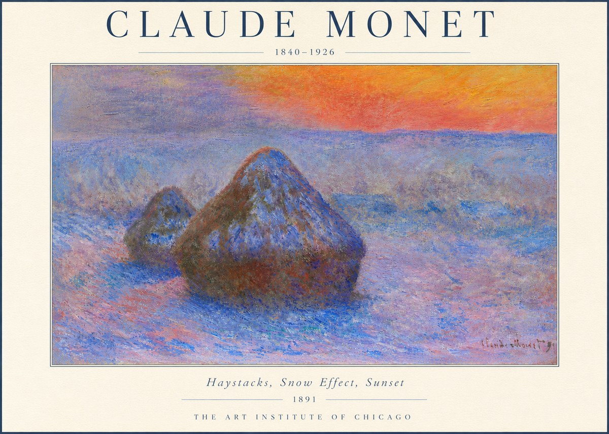 Monet Haystacks, Snow Effect, Sunset No3 - Affiche