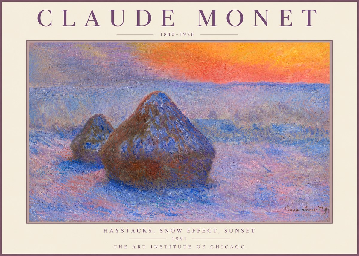 Monet Haystacks, Snow Effect, Sunset No6 - Affiche