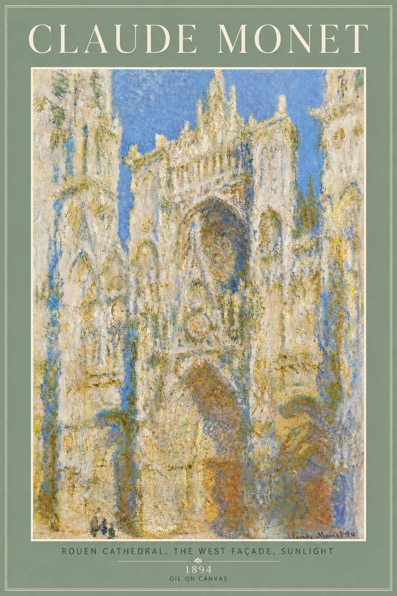 Monet Rouen Cathedral, the West Façade, Sunlight No6 - Affiche