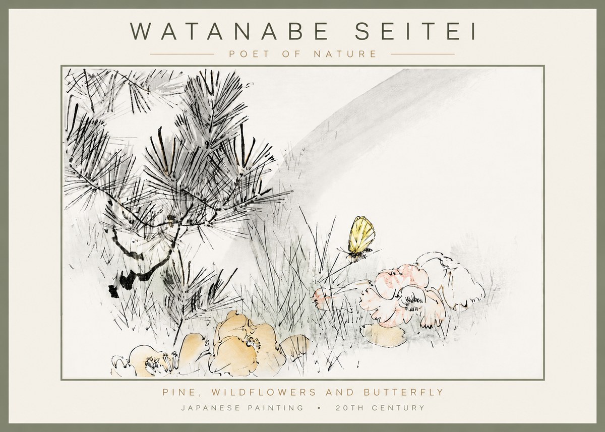 Watanabe Seitei Pine, Wildflowers and Butterfly No4 - Affiche