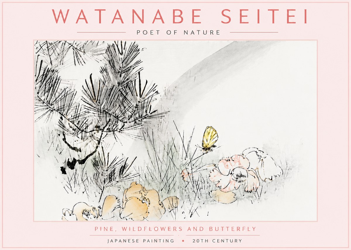 Watanabe Seitei Pine, Wildflowers and Butterfly No6 - Affiche
