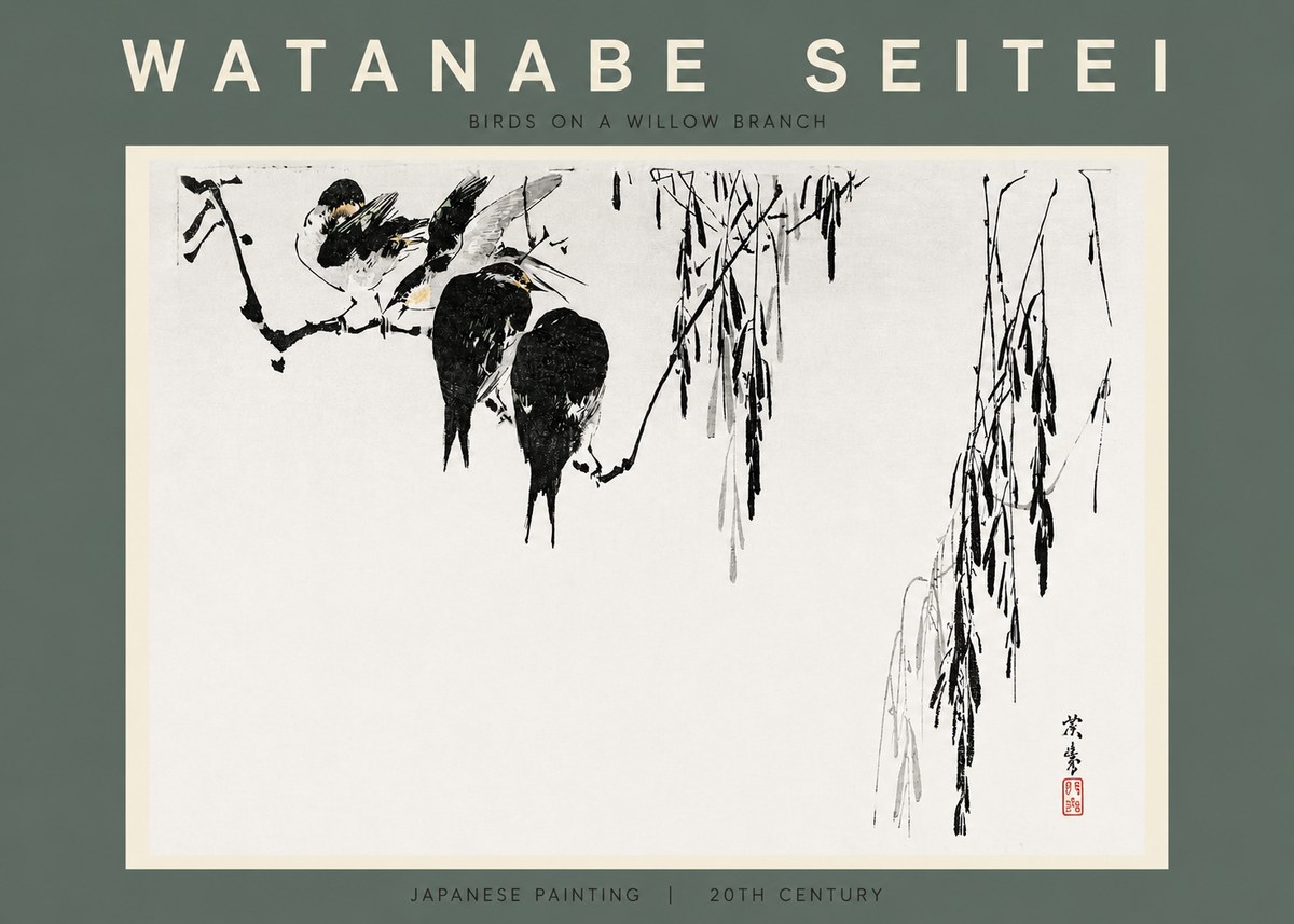 Watanabe Seitei Birds on a Willow Branch No2 - Affiche