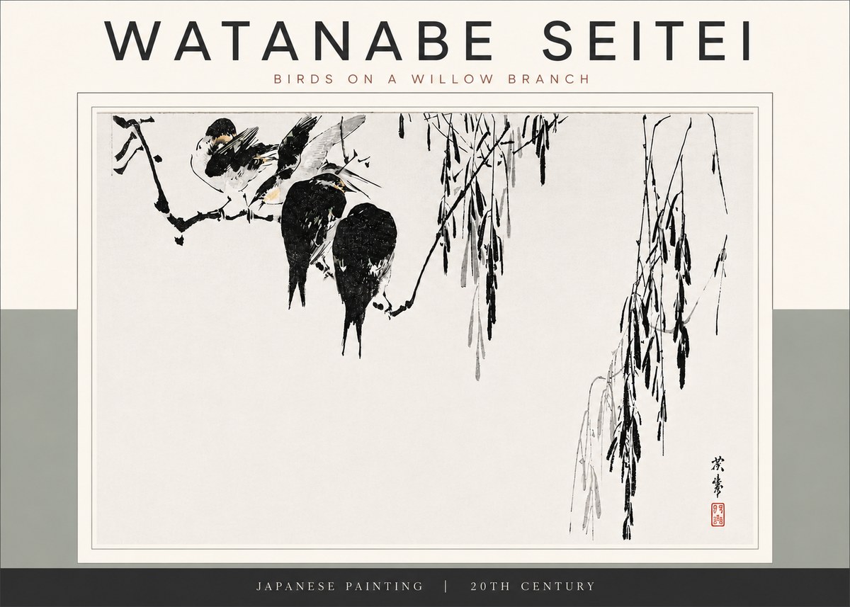 Watanabe Seitei Birds on a Willow Branch No5 - Affiche