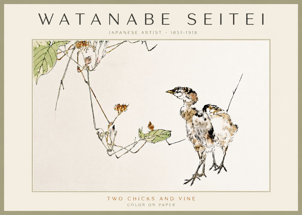Watanabe Seitei Two Chicks and Vine No3 - Affiche