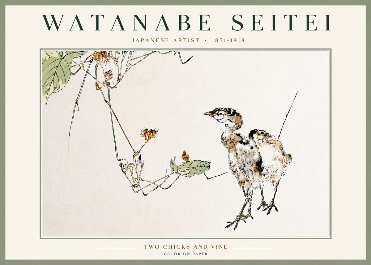 Watanabe Seitei Two Chicks and Vine No4 - Affiche