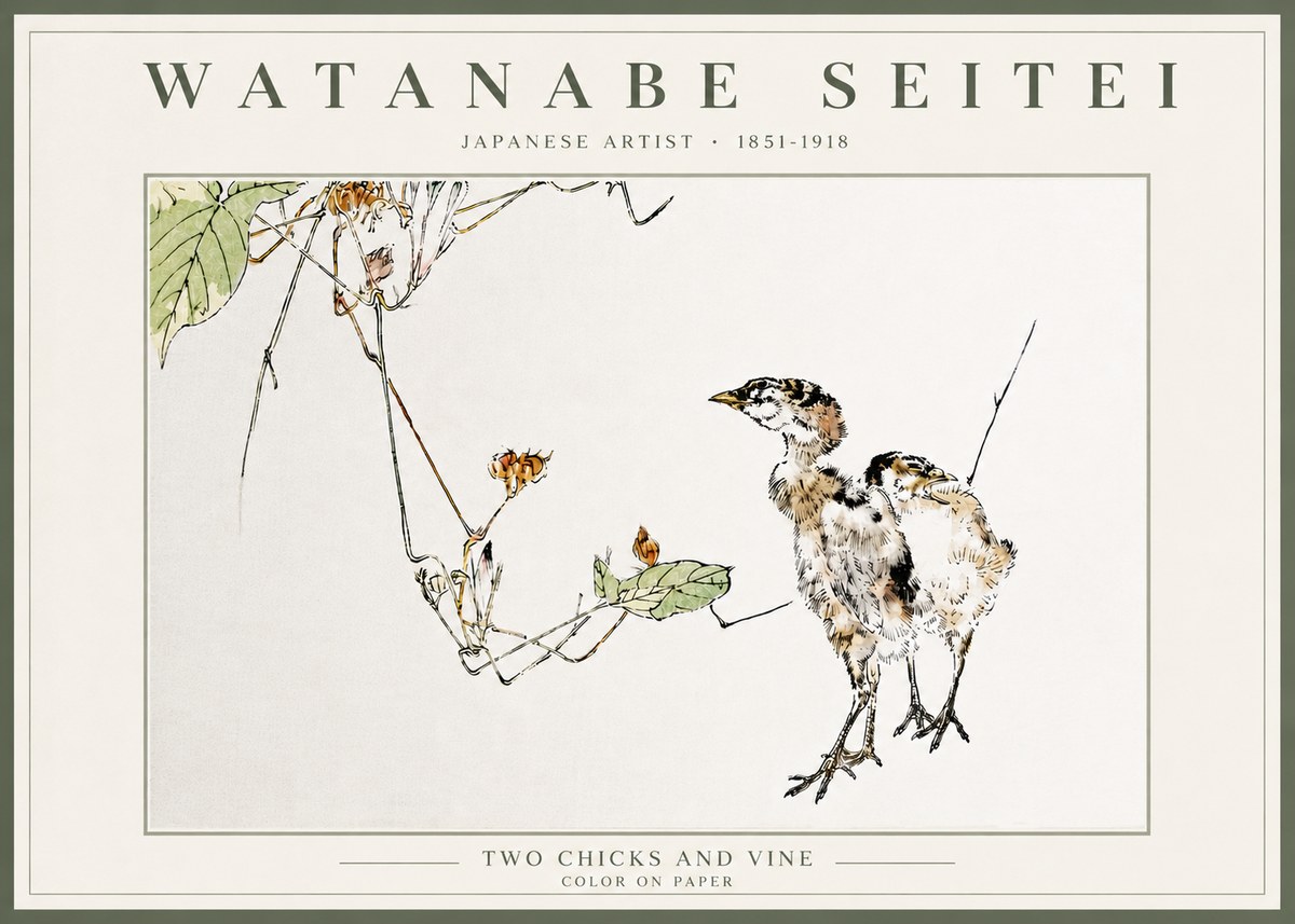 Watanabe Seitei Two Chicks and Vine No5 - Affiche