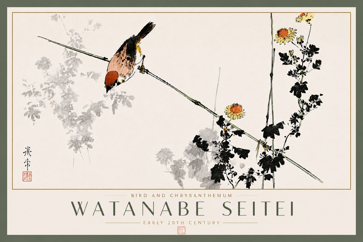 Watanabe Seitei Bird and Chrysanthemum No5 - Affiche