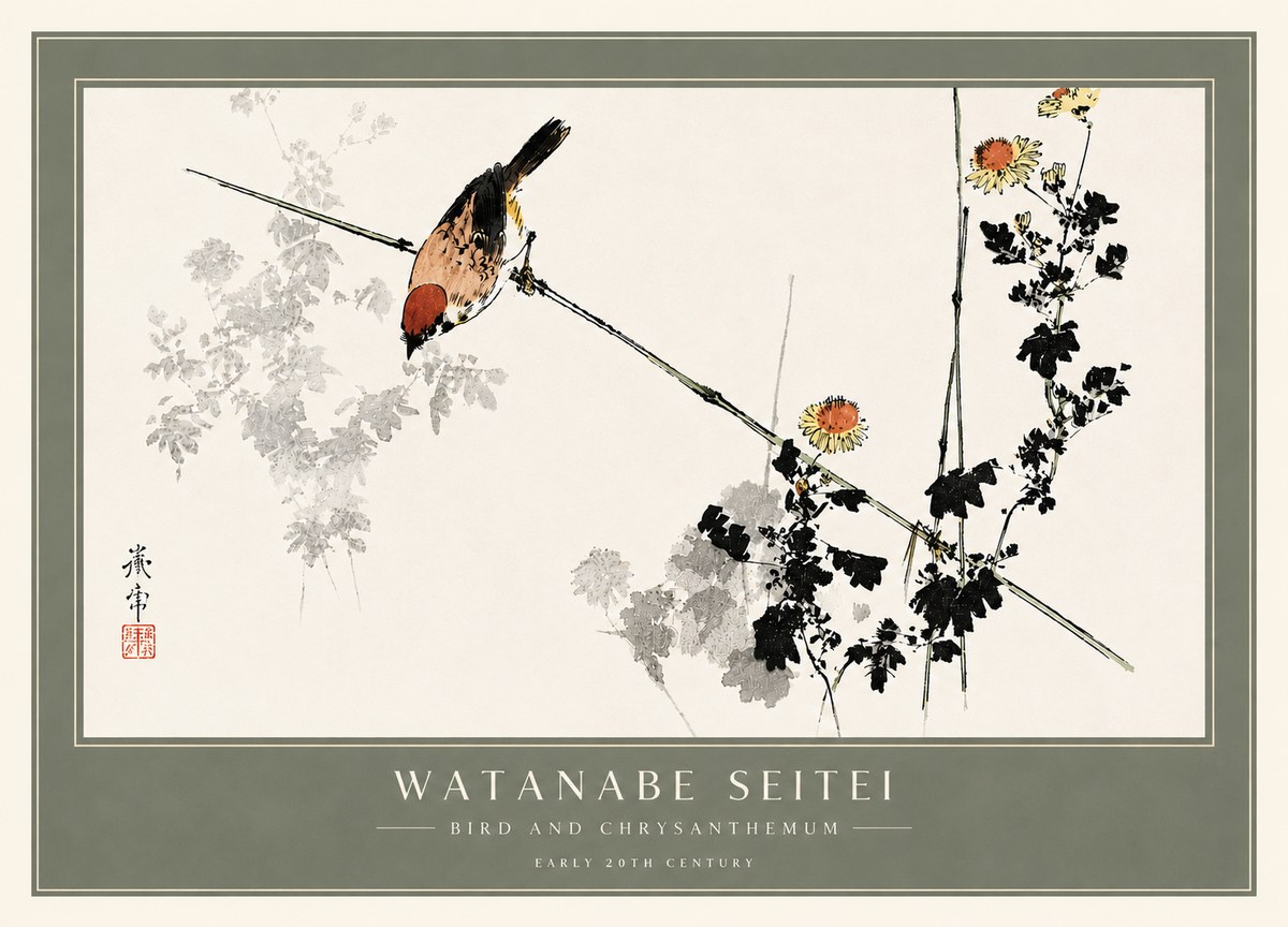 Watanabe Seitei Bird and Chrysanthemum No6 - Affiche