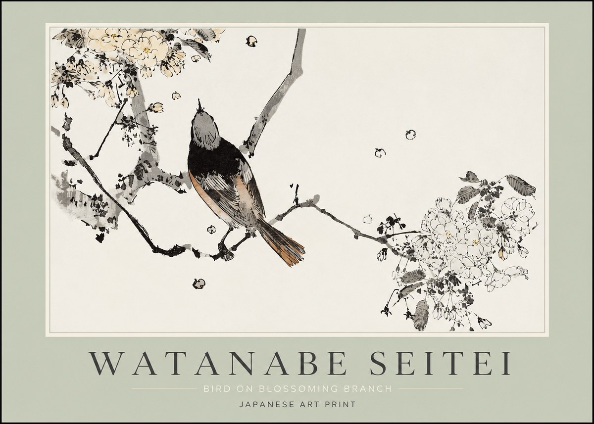 Watanabe Seitei Bird on Blossoming Branch No2 - Affiche