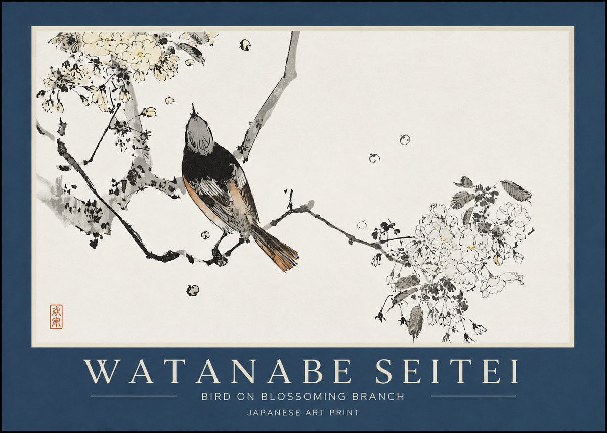 Watanabe Seitei Bird on Blossoming Branch No3 - Affiche
