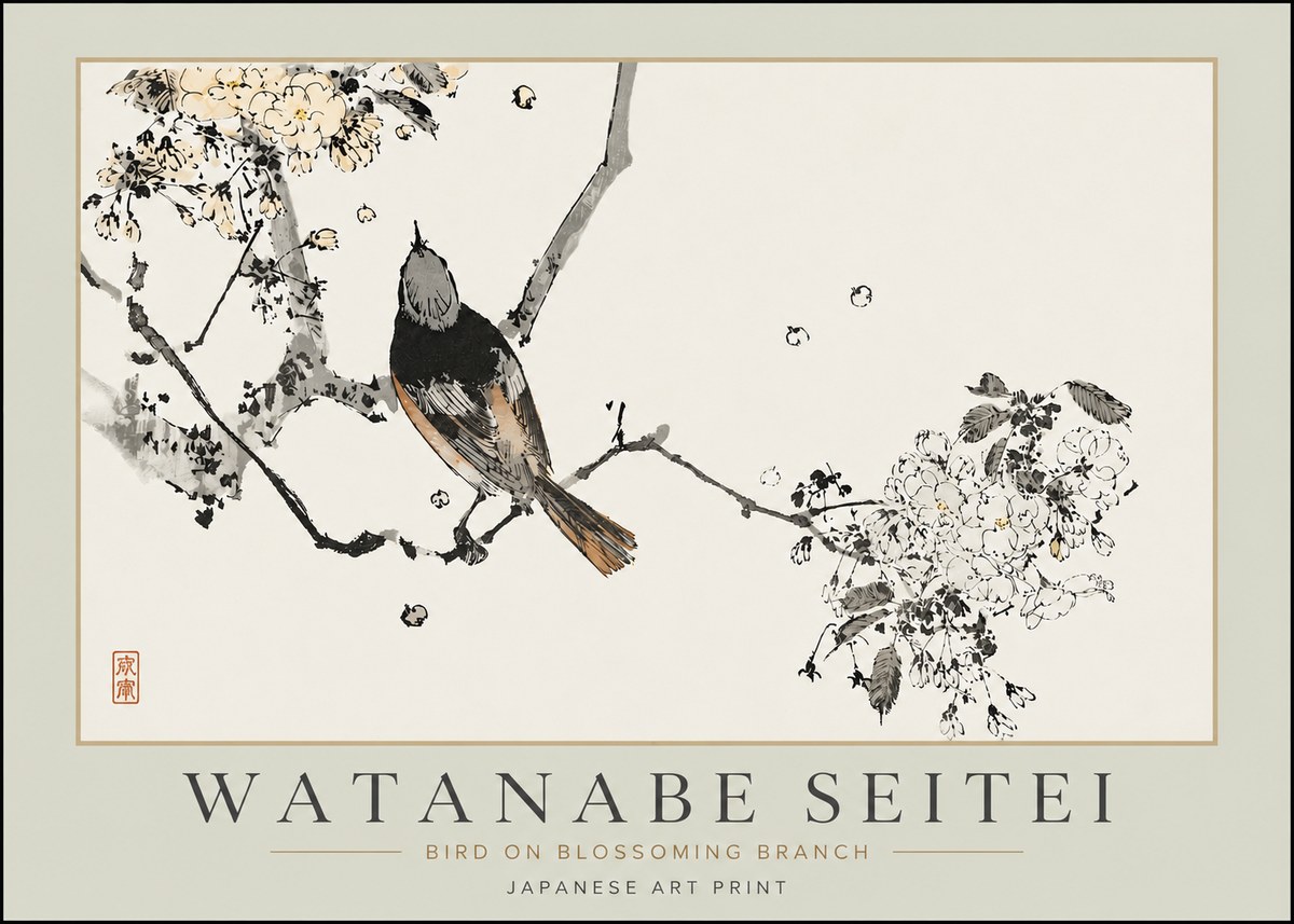 Watanabe Seitei Bird on Blossoming Branch No4 - Affiche
