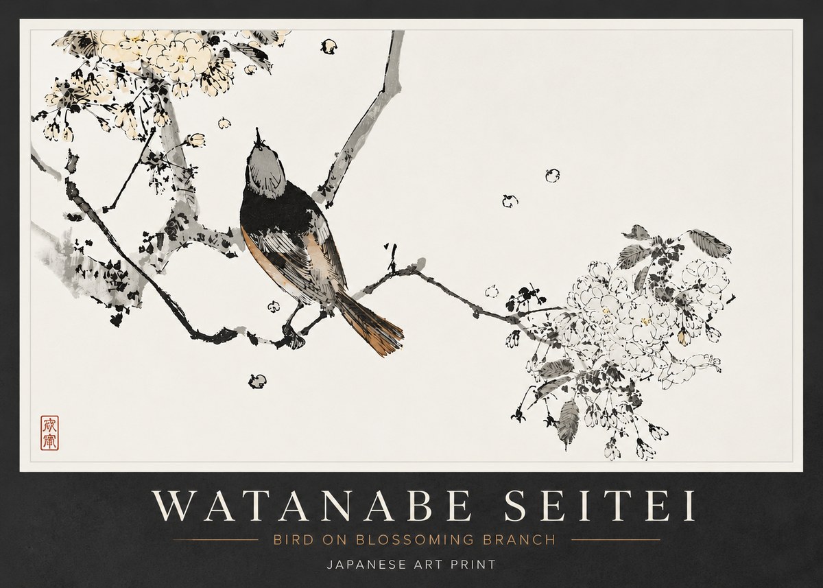 Watanabe Seitei Bird on Blossoming Branch No6 - Affiche