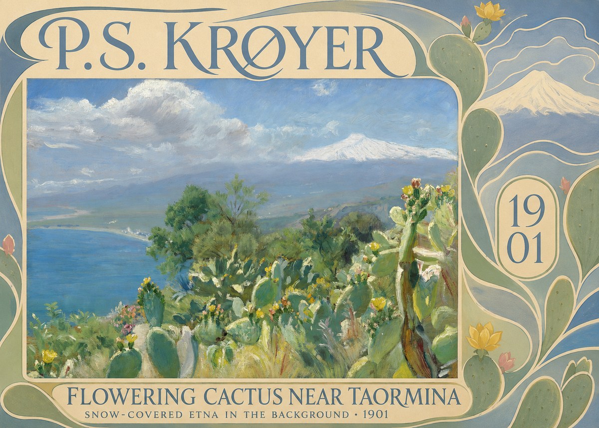 P.S. Krøyer Flowering Cactus Near Taormina Snow-covered Etna in the Background · 1901 No6 - Affiche
