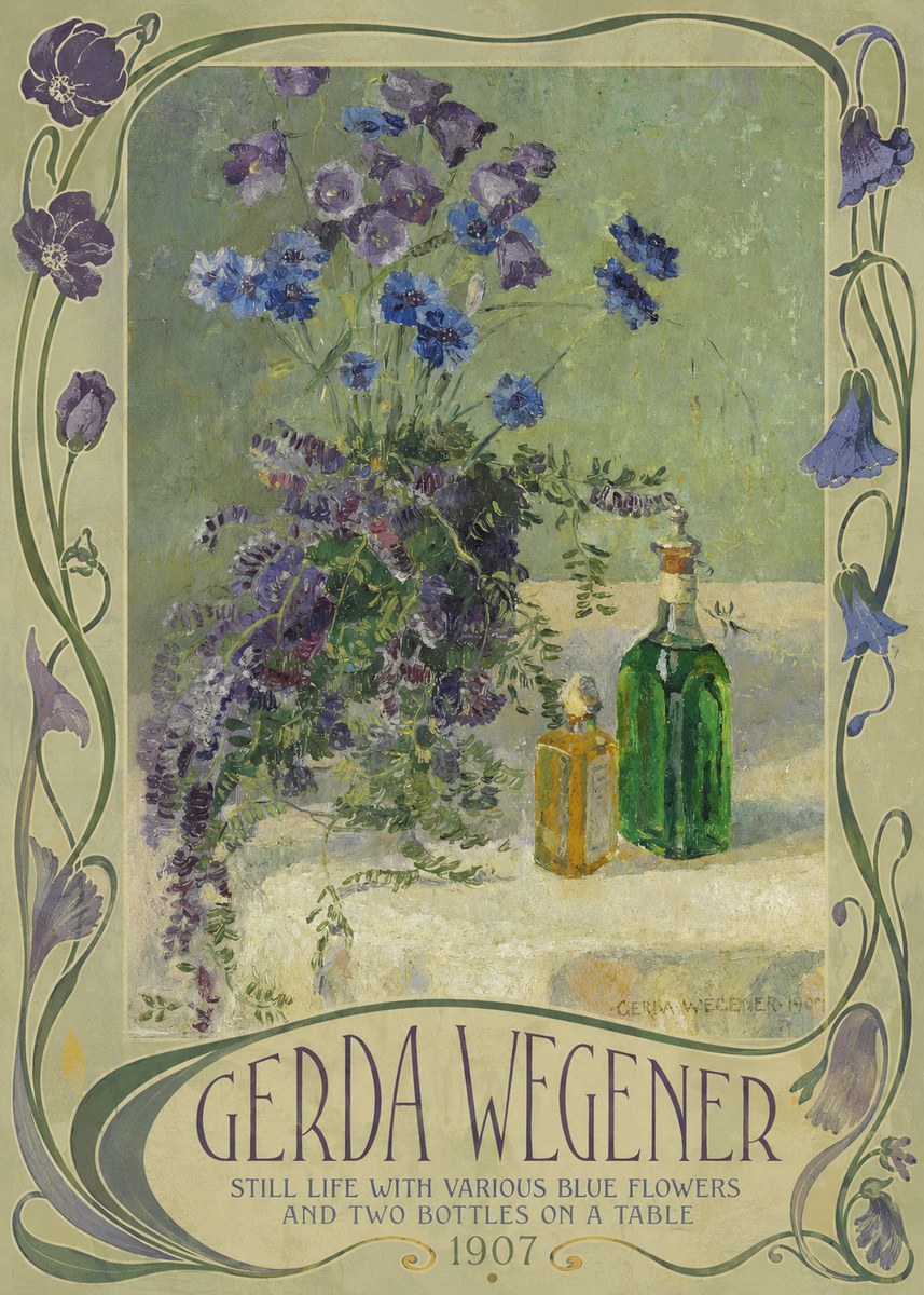 Gerda Wegener Still Life with Various Blue Flowers and Two Bottles on a Table No2 - Affiche