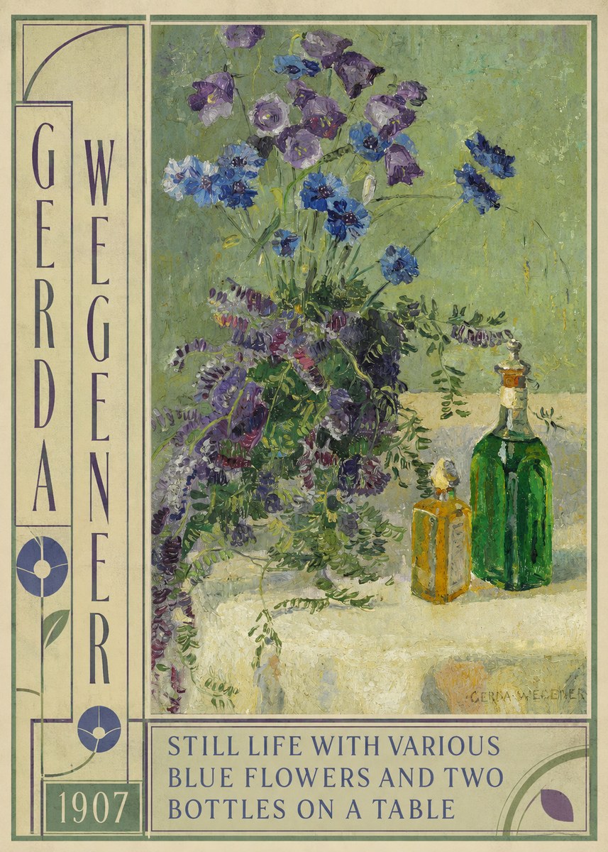 Gerda Wegener Still Life with Various Blue Flowers and Two Bottles on a Table No4 - Affiche