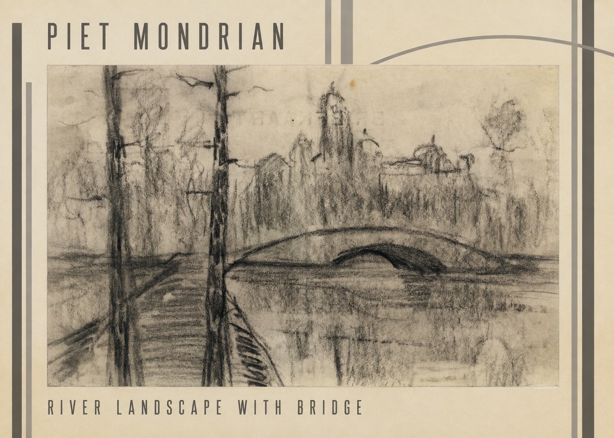 Piet Mondrian River Landscape with Bridge No3 - Affiche