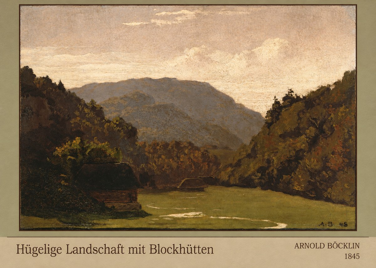 Arnold Böcklin Hügelige Landschaft Mit Blockhütten No3 - Affiche