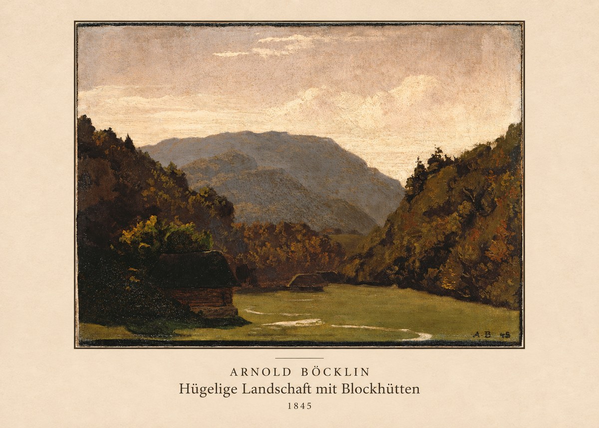 Arnold Böcklin Hügelige Landschaft Mit Blockhütten No4 - Affiche