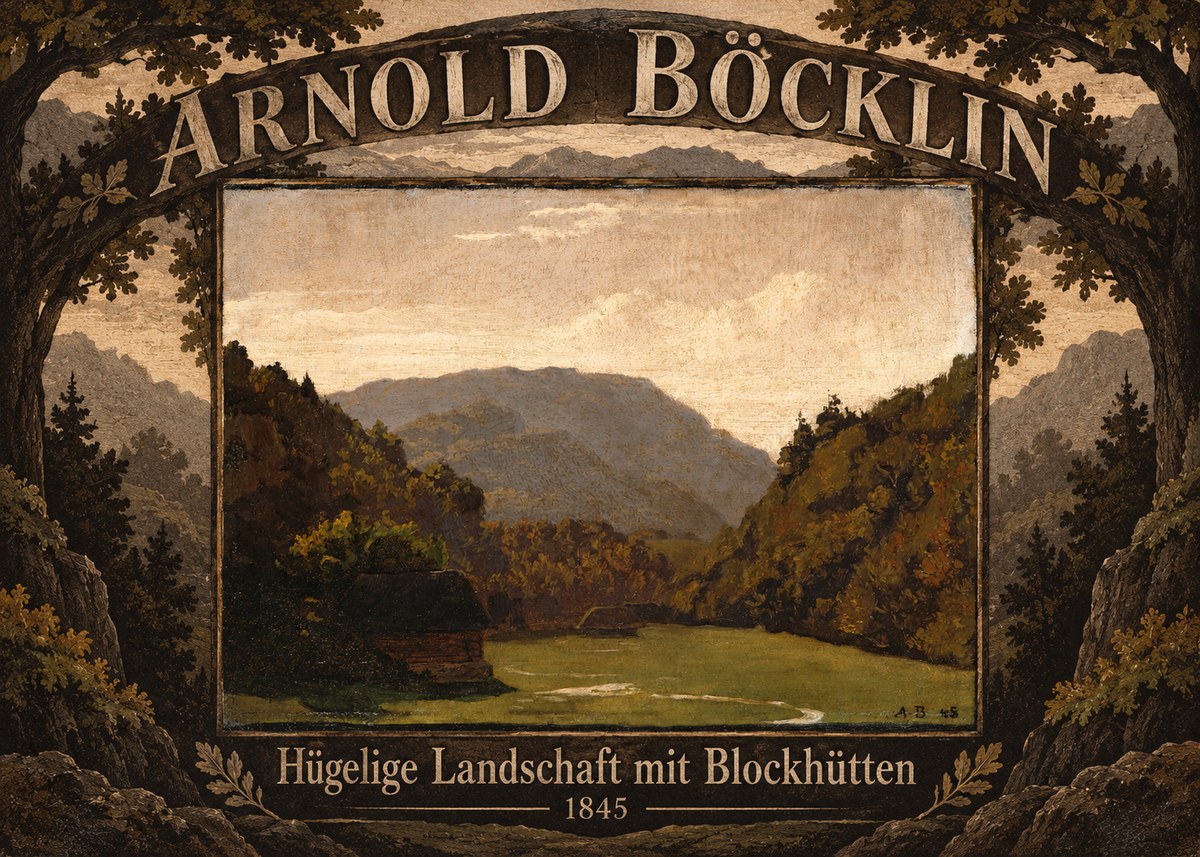 Arnold Böcklin Hügelige Landschaft Mit Blockhütten No6 - Affiche