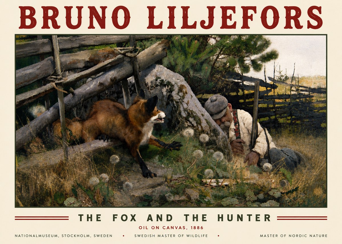 Bruno Liljefors The Fox and the Hunter No5 - Affiche