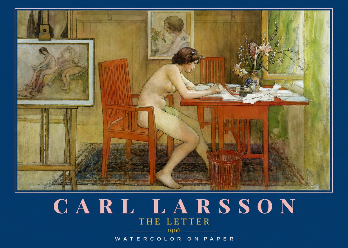 Carl Larsson Interior with a Nude Writing No3 - Affiche