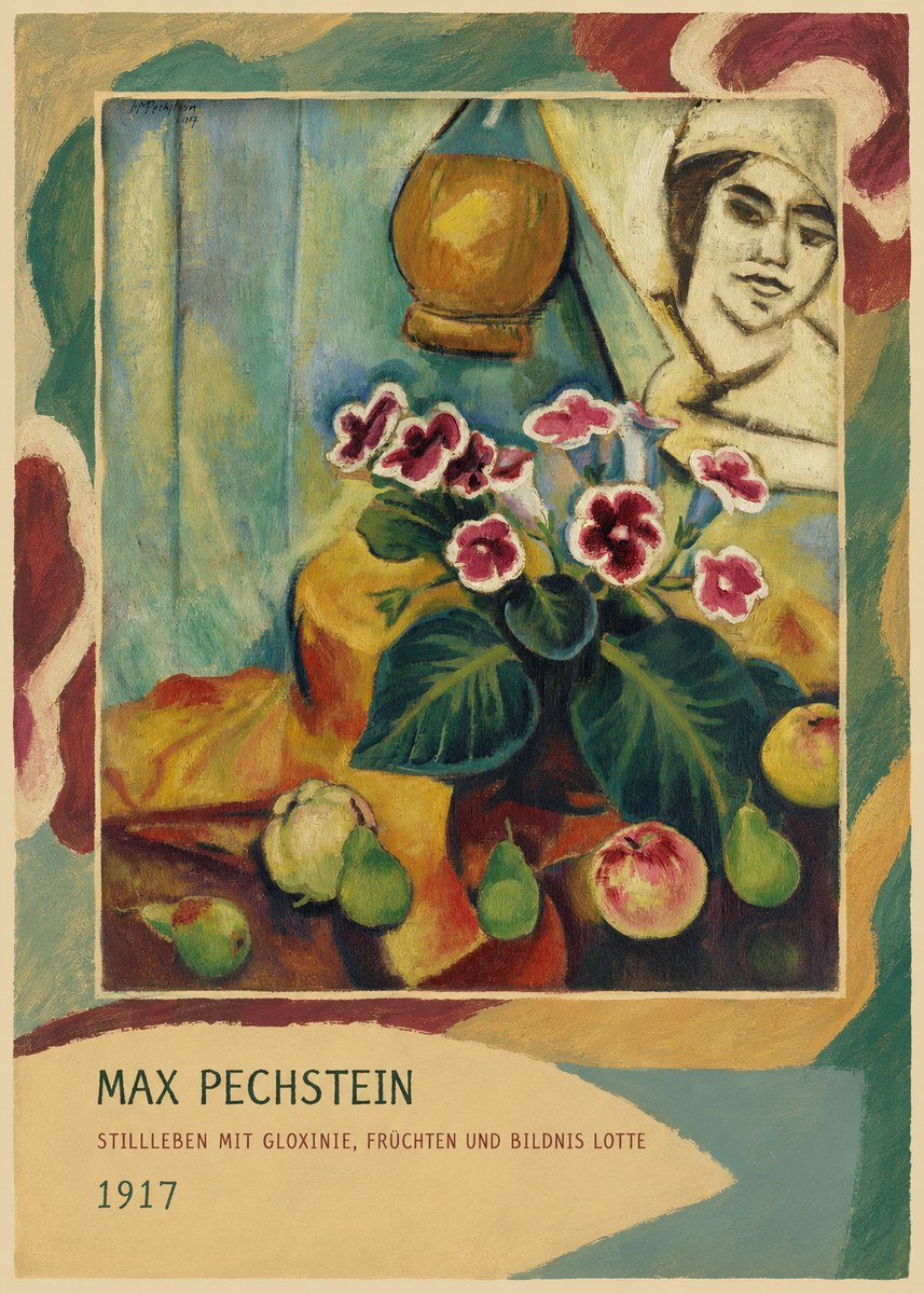 Max Pechstein Stillleben Mit Gloxinie, Früchten Und Bildnis Lotte No3 - Affiche