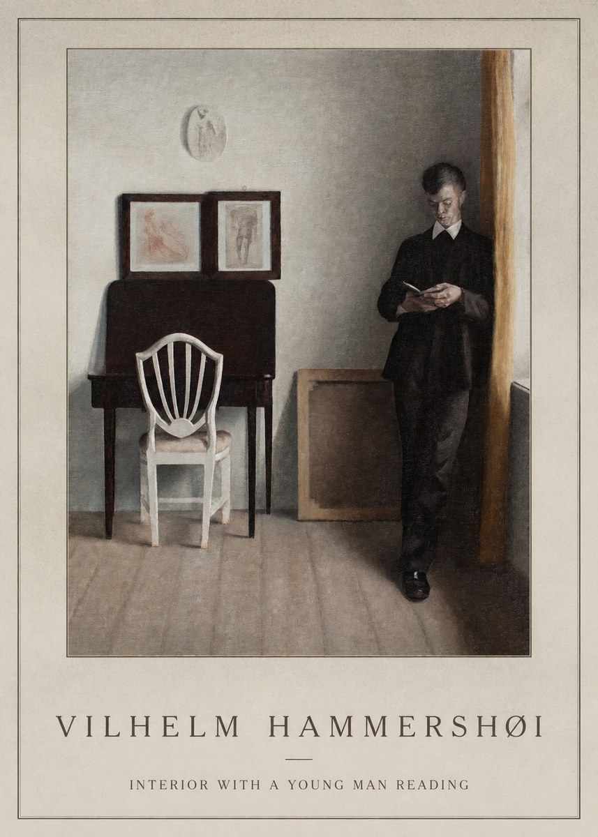 Vilhelm Hammershøi Interior with a Young Man Reading No1 - Affiche