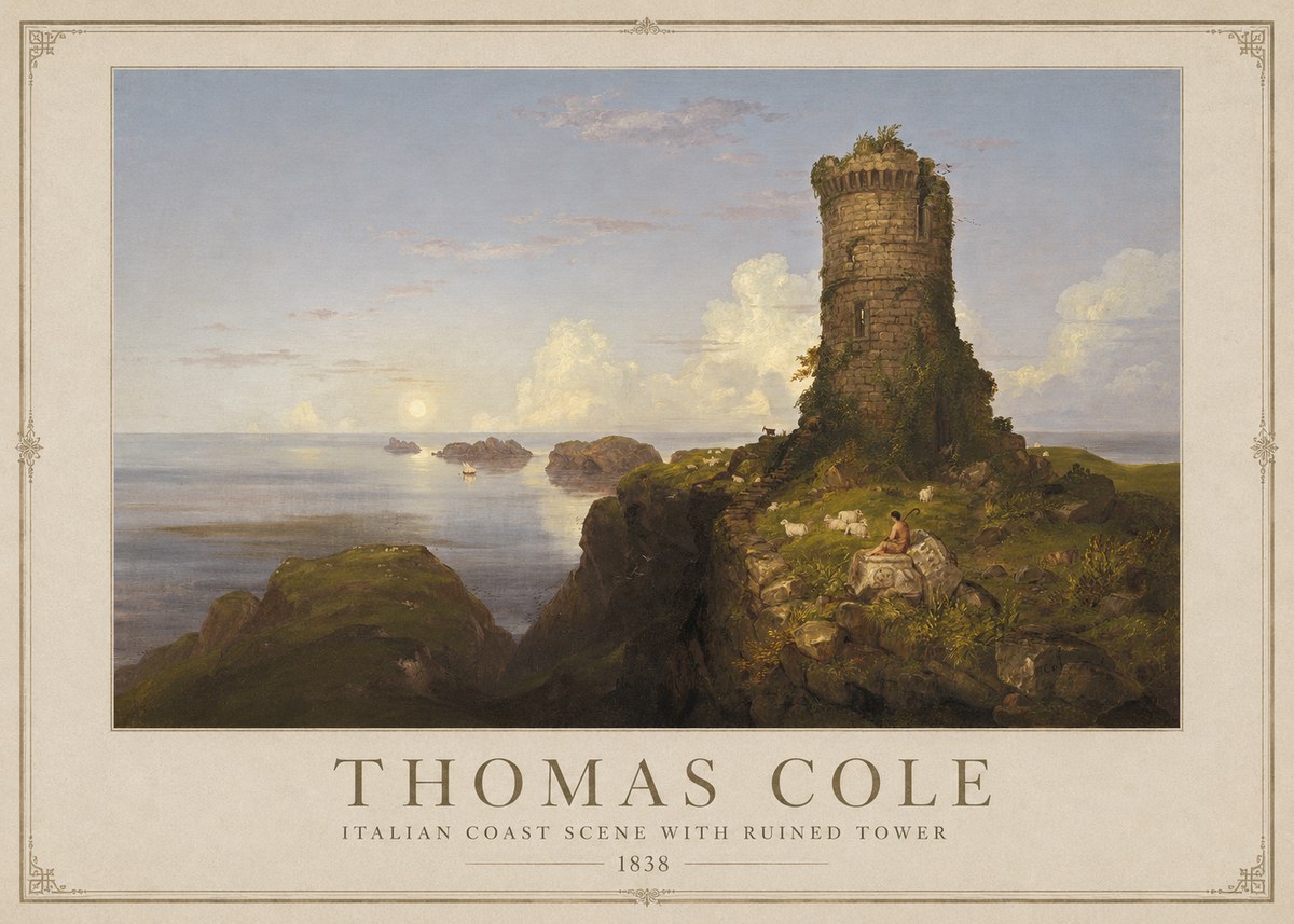 Thomas Cole Italian Coast Scene with Ruined Tower II No1 - Affiche