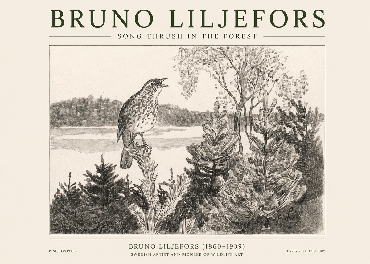 Bruno Liljefors Song Thrush in the Forest No1 - Affiche