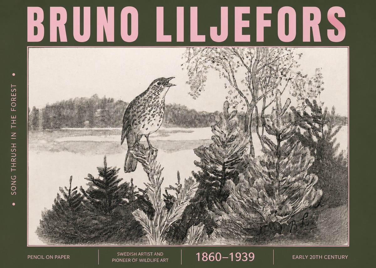 Bruno Liljefors Song Thrush in the Forest No4 - Affiche